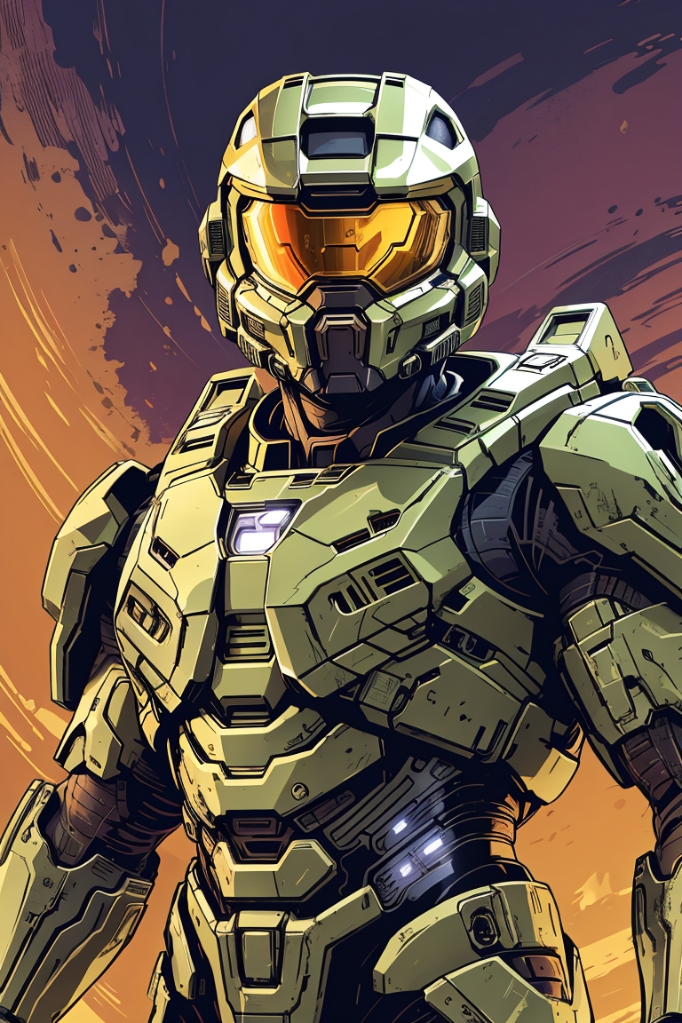 midshot, cel-shading style, centered image, ultra detailed illustration of Master chief from Halo, posing,&hellip;