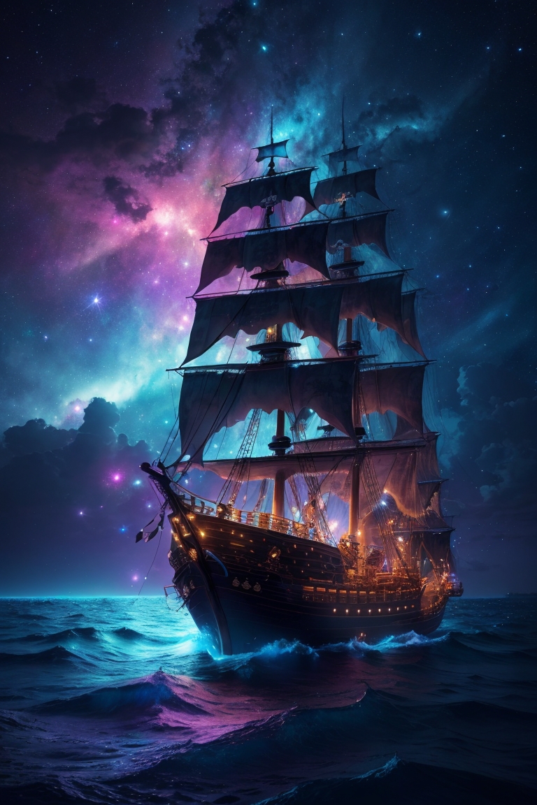 Pirate ship sailing into a bioluminescence sea with a galaxy in the sky, epic,&hellip;