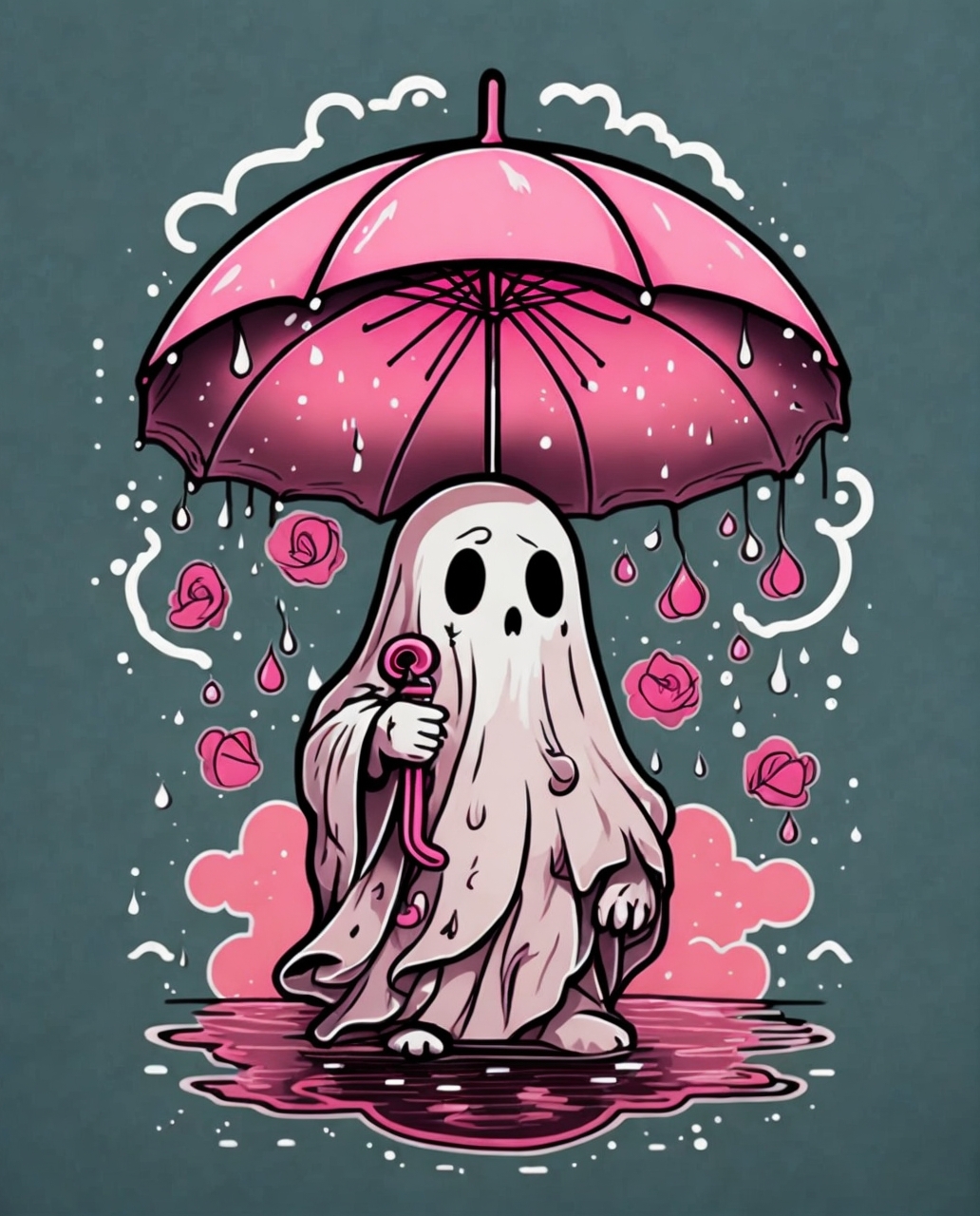 Tattoo drawing of a ghost holding pink umbrella in a rainstorm. Include rain and&hellip;
