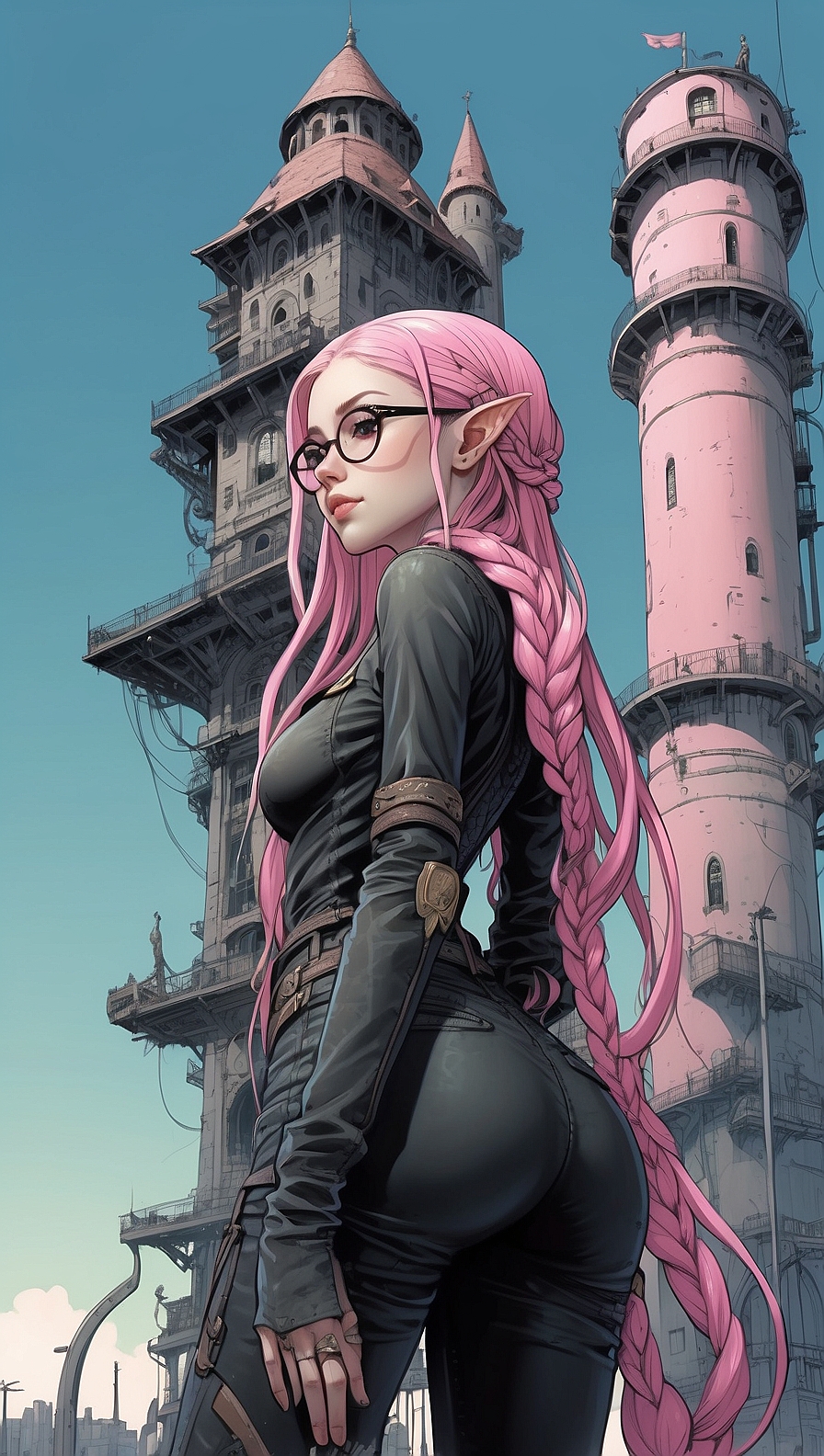 Tomer Hanuka, H.R Giger, Junji Ito, Beautiful Elf posing by a tower, with freckles&hellip;