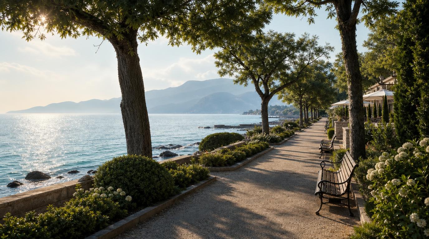 A peaceful coastal promenade on a beautiful summer afternoon