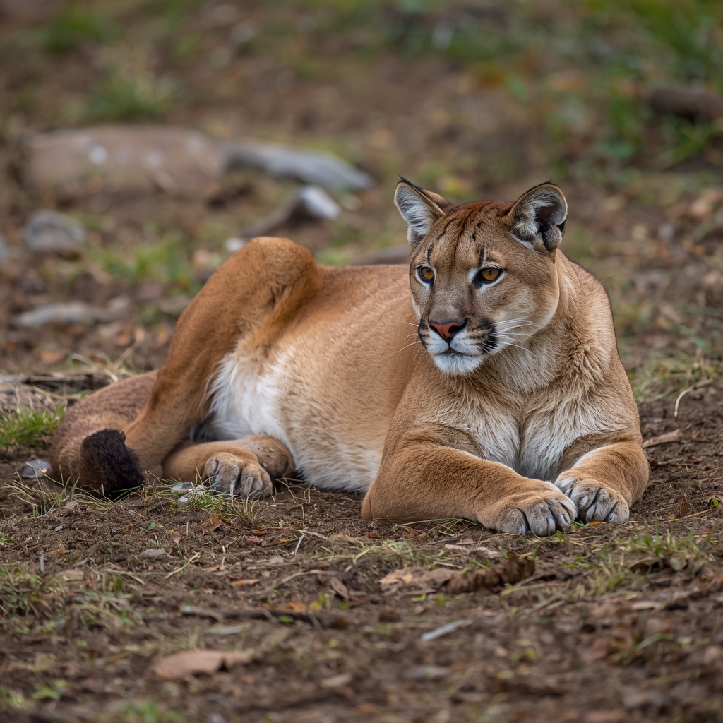 A mountain lion resting from a distance
