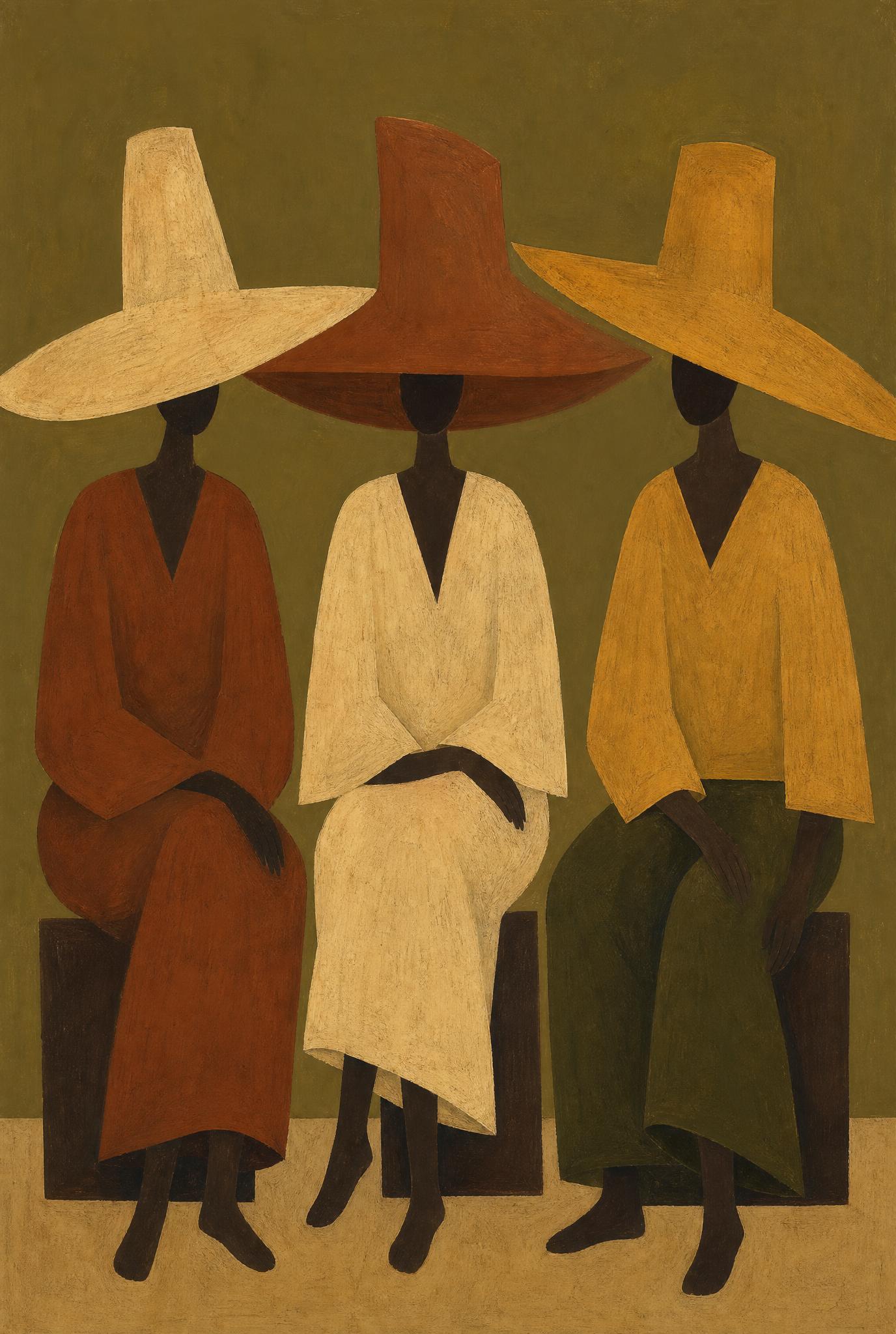 Create a vertical 2:3 contemporary folk art print featuring three seated human figures side&hellip;