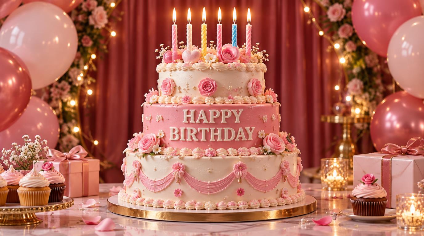 A stunning large three-tier birthday cake positioned prominently in the center of a sophisticated&hellip;