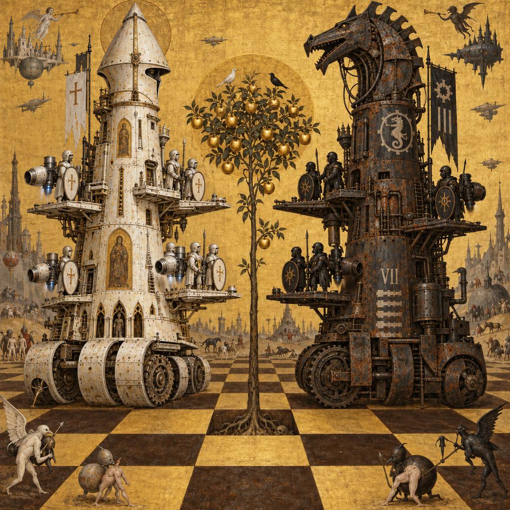 This is an abstract mixed-media painting that fuses the style of medieval religious icons