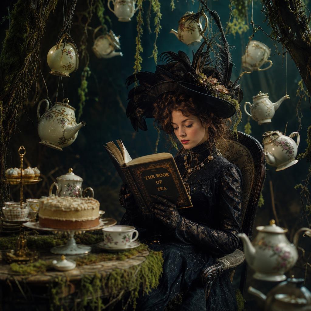 Edwardian witch with tea pot teacup and cakes reading a book