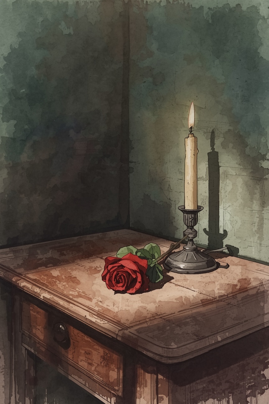 Prompt: Create a vertical 2:3 vintage gothic watercolor still life of one crimson rose&hellip;