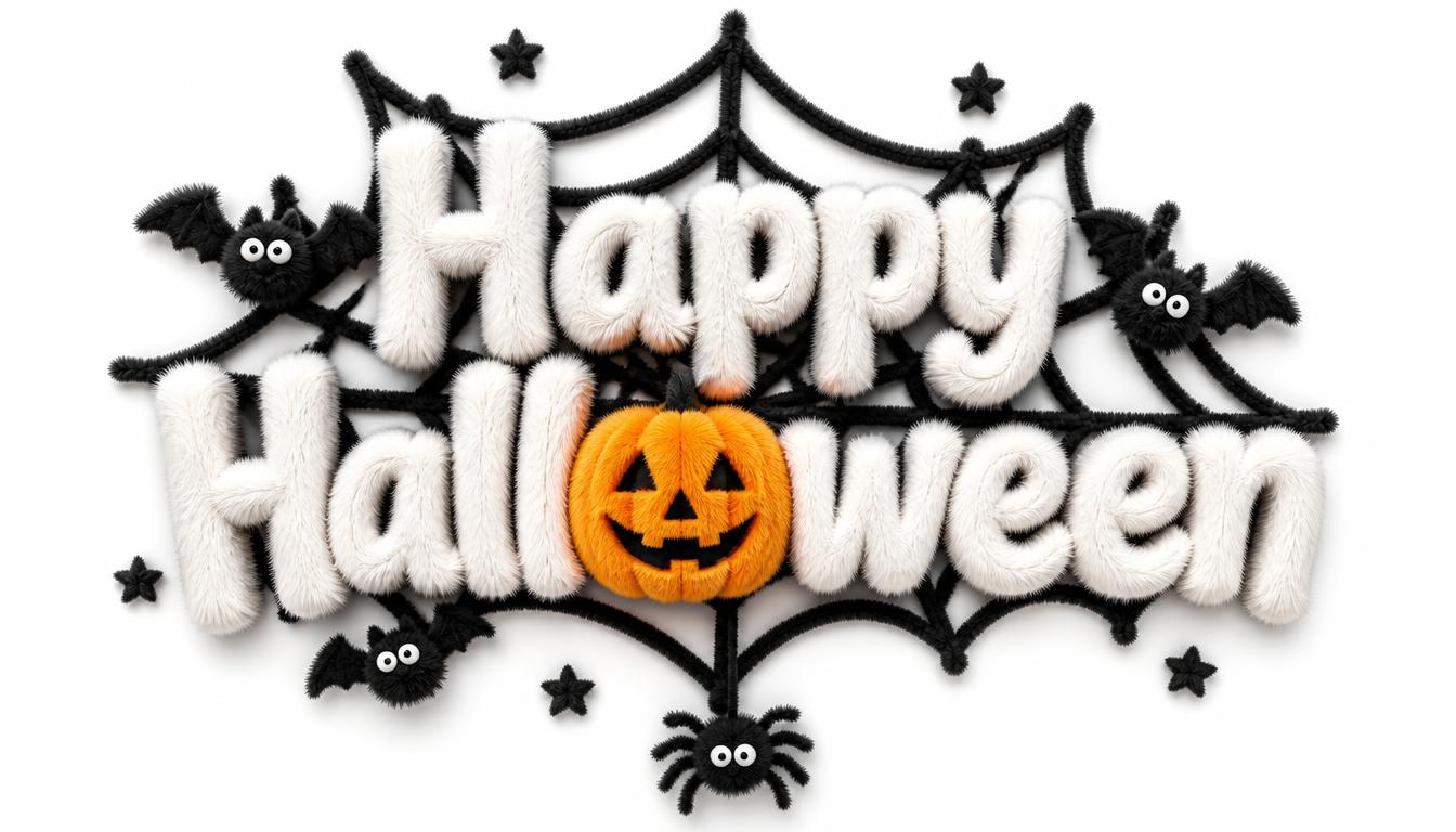 3D tactile Halloween typography reading "Happy Halloween" in fluffy white furry text
