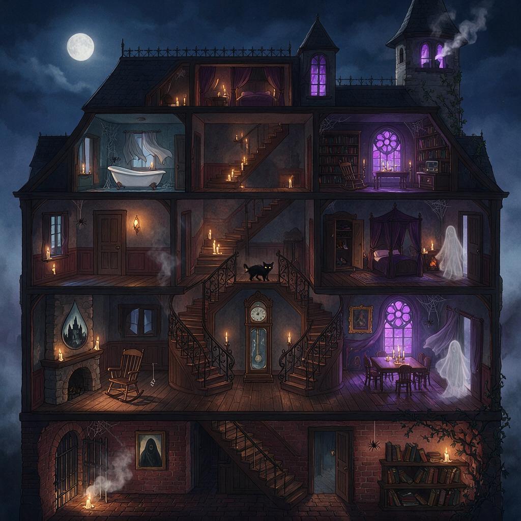 Crea una nuova illustrazione digitale 2D di una casa infestata vista dall'interno