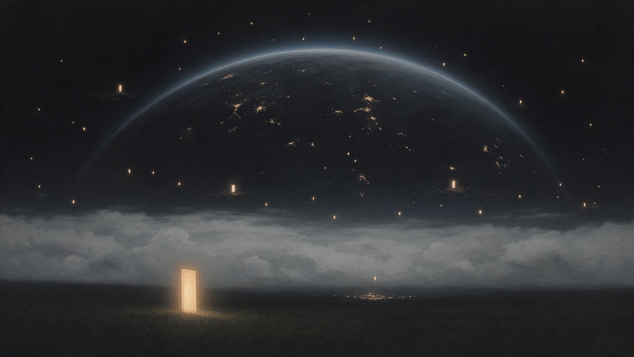 A single continuous composition rendered as one wide cosmic view