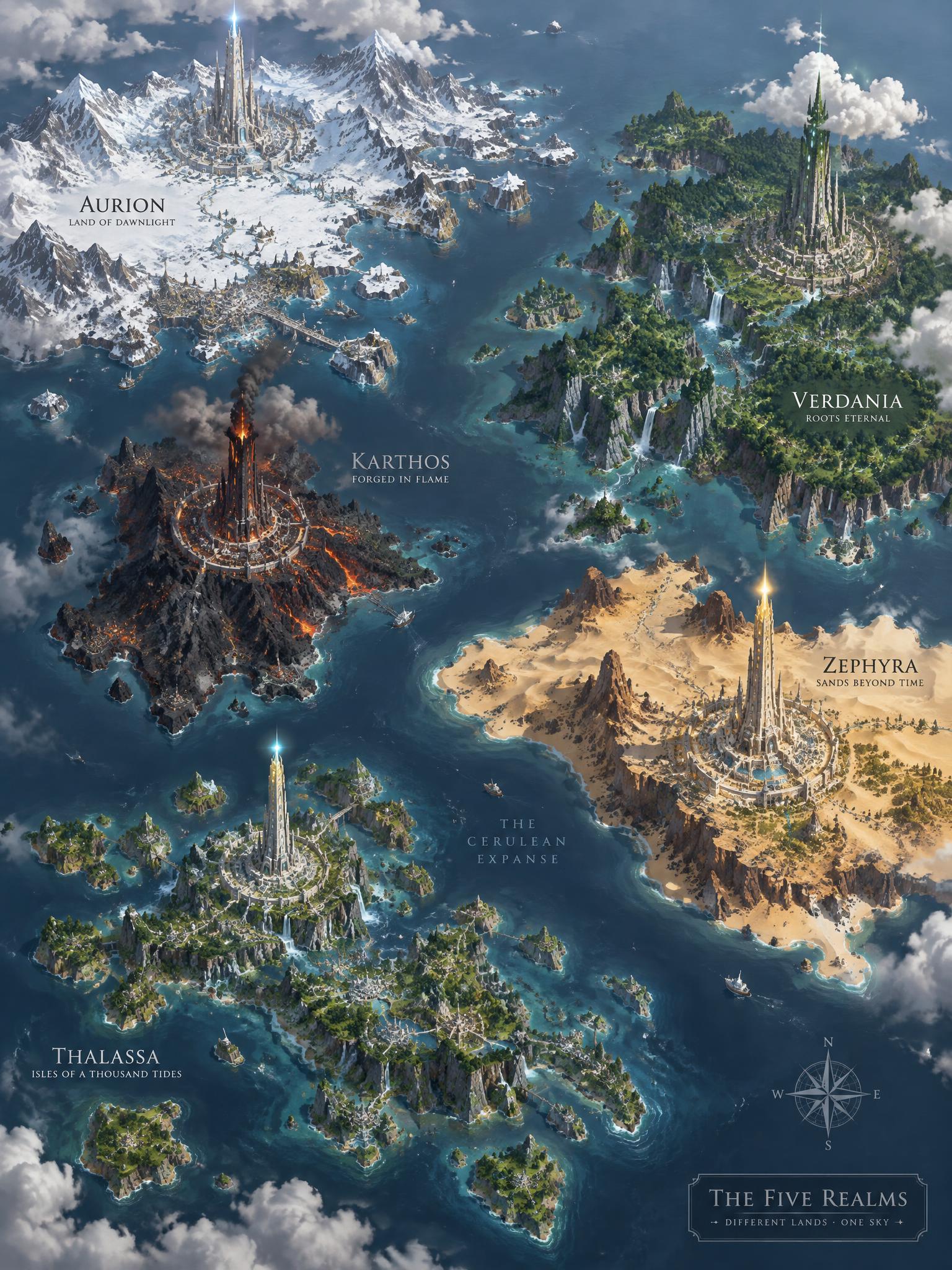 An isometric fantasy world map with five continents