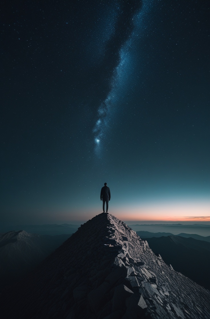 A high-angle cinematic view of a solitary human figure standing on top of a&hellip;