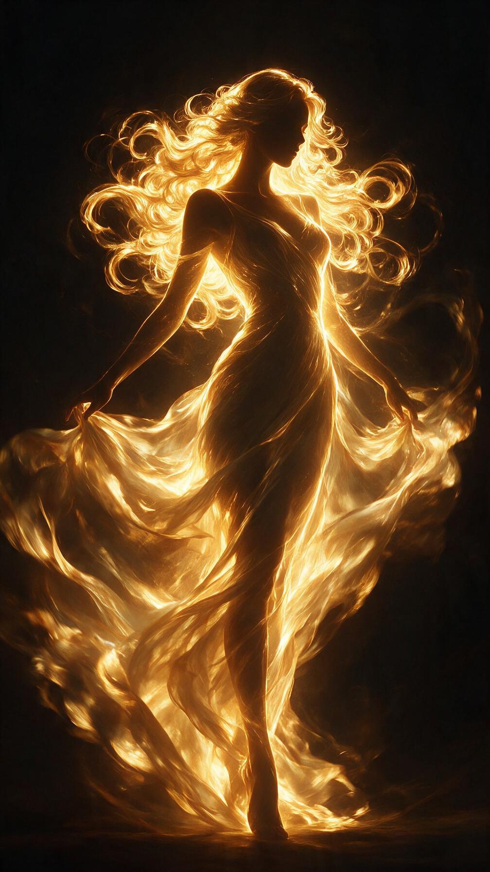 An elegant full-length female silhouette against an almost black background
