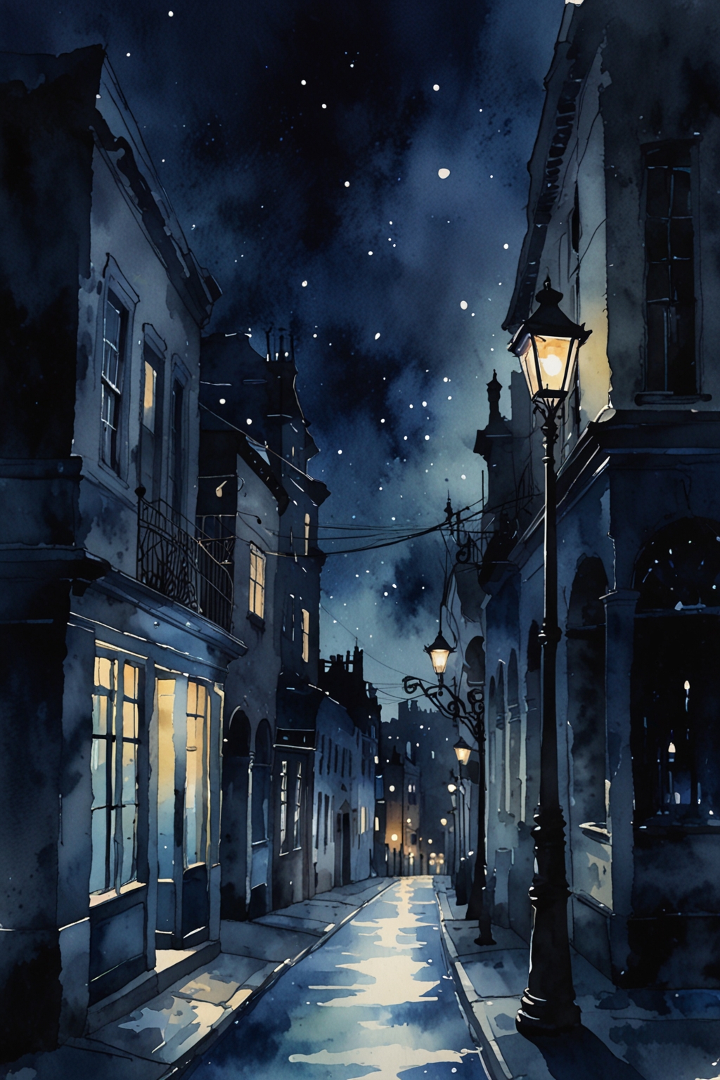Indigo lighting in a nighttime cityscape in watercolor style