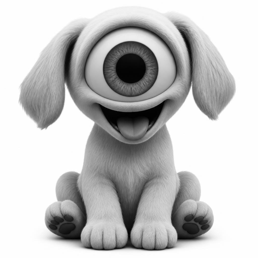 A cute sitting puppy whose head is a single huge cyclopean eye with ears