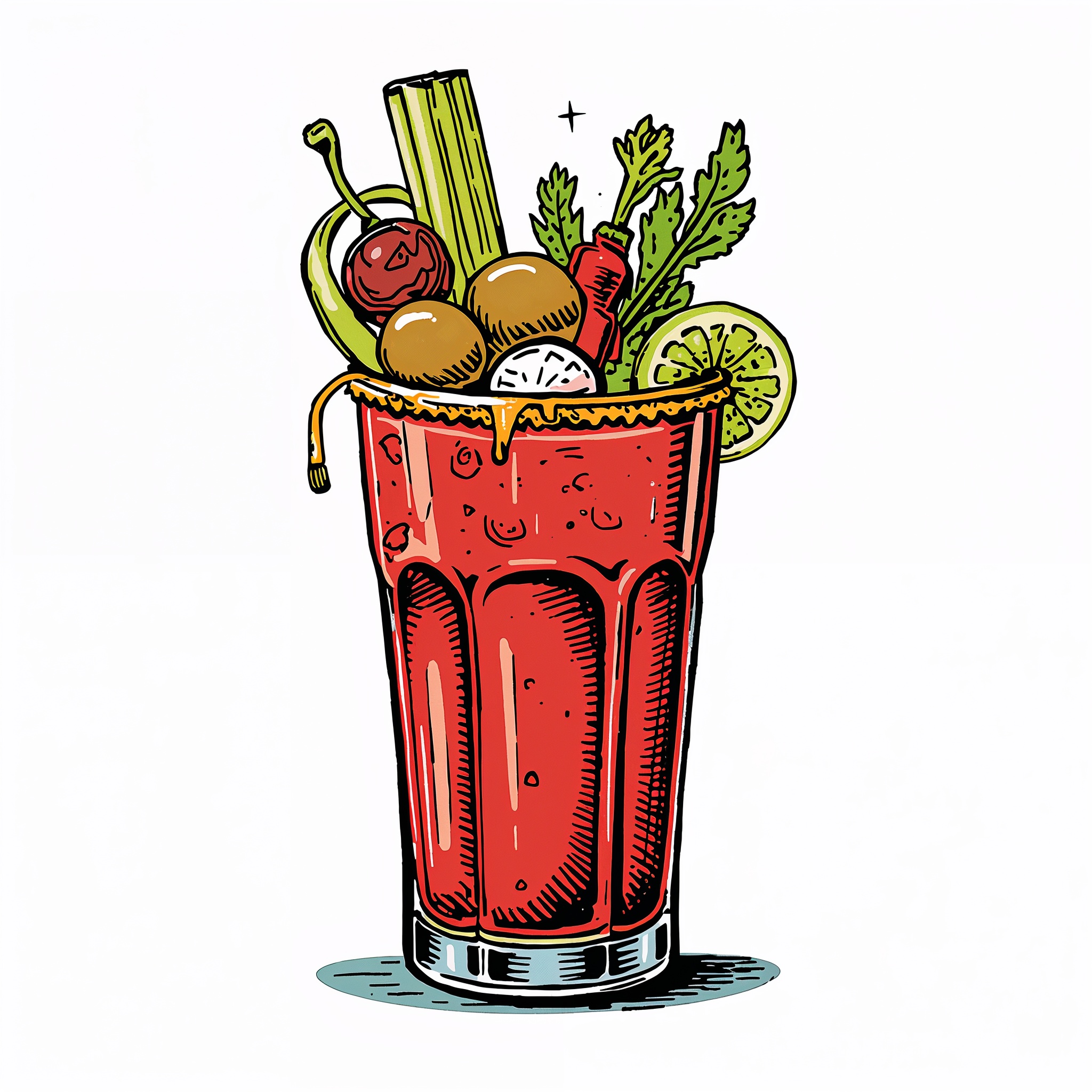 A fun bold illustration of a loaded bloody mary in a pint glass with&hellip;