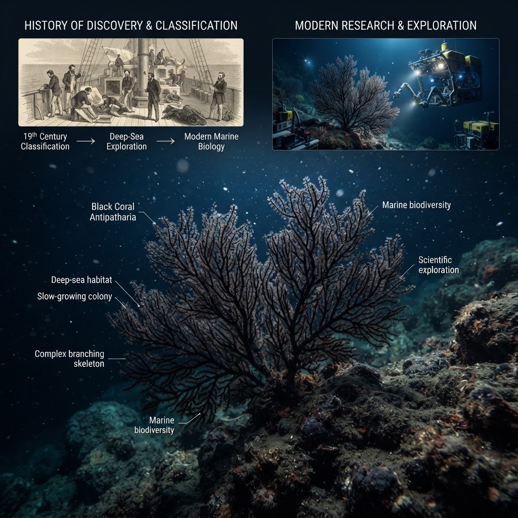 Create a **photorealistic scientific documentary-style underwater visualization of Black Coral (Antipatharia)** growing on a&hellip;