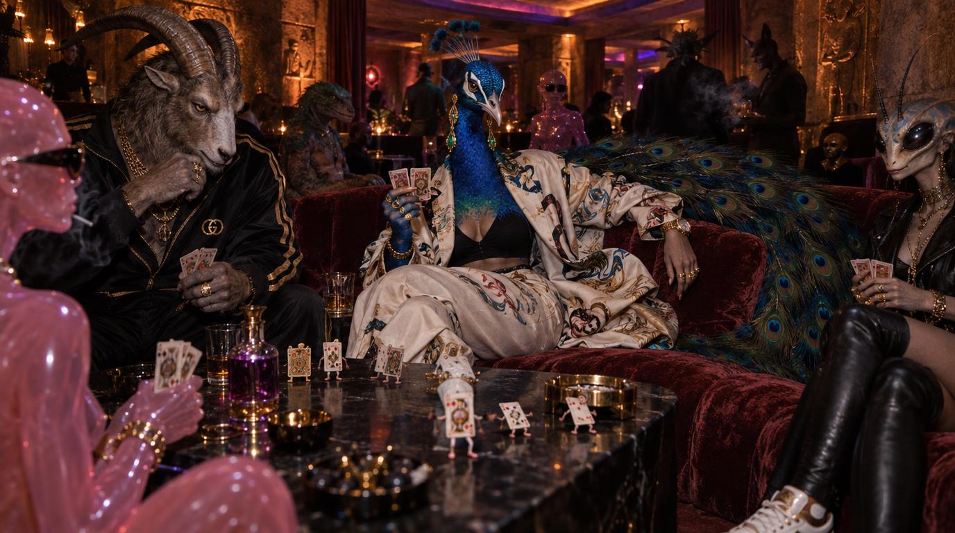 Cinematic wide nightlife photograph inside an intimate VIP lounge deep within an impossibly luxurious&hellip;