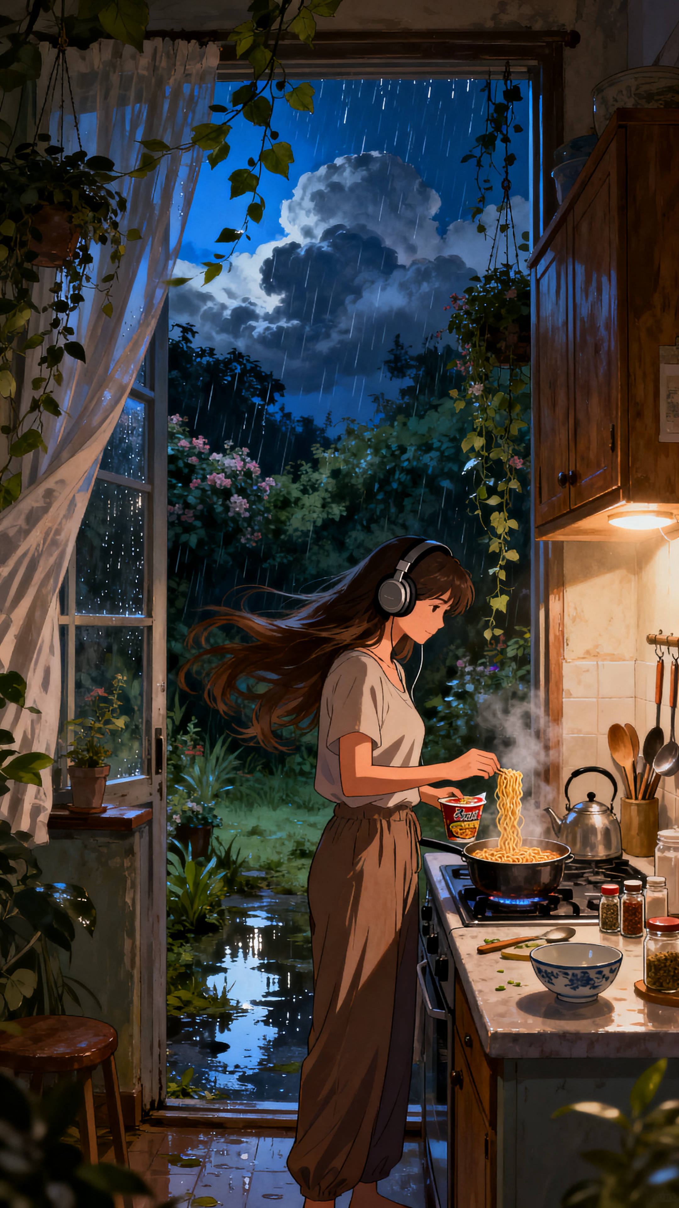 A breathtaking cinematic anime illustration of an **adult woman with very long flowing hair**&hellip;