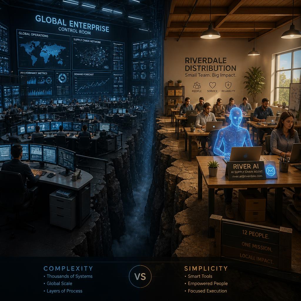 A wide cinematic illustration of a small business &mdash; a modest 12-person distribution office&hellip;