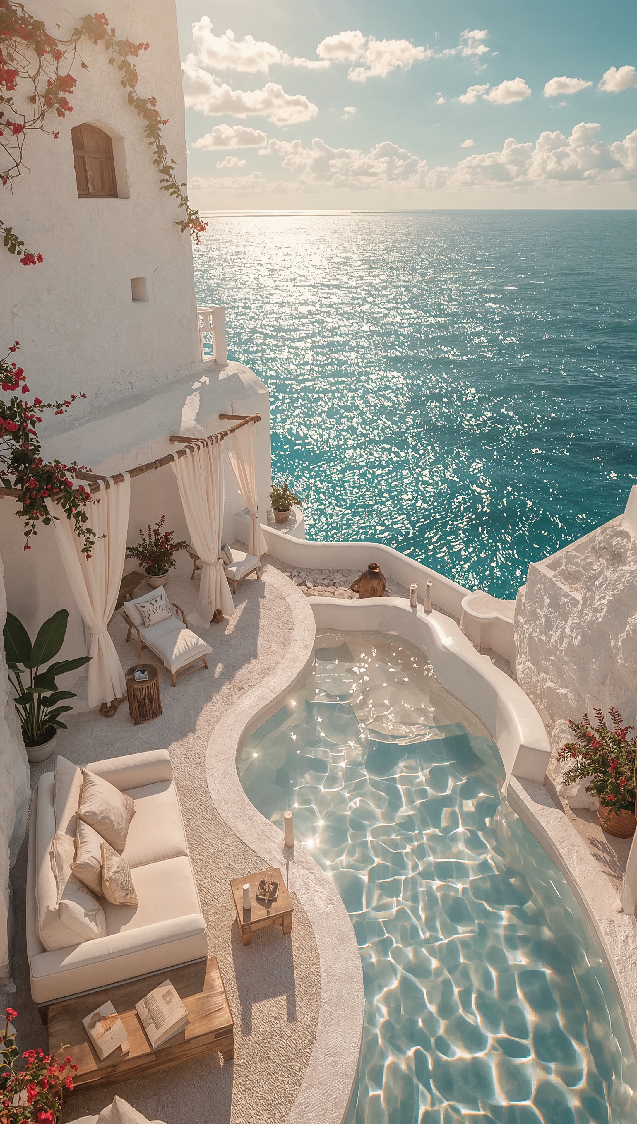 Ultra-photorealistic vertical scene of a sunlit coastal sanctuary meticulously carved into stark white stone&hellip;