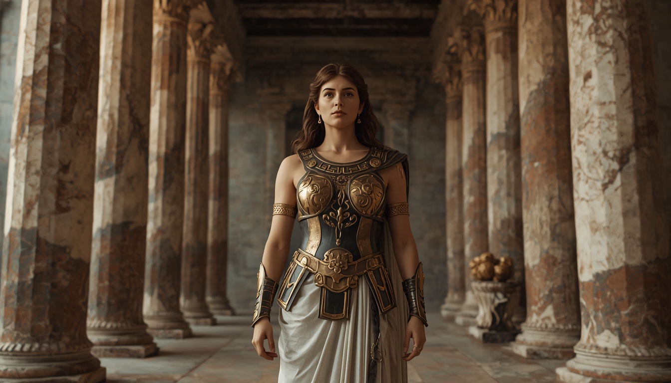Athena standing calmly in an ancient Greek temple