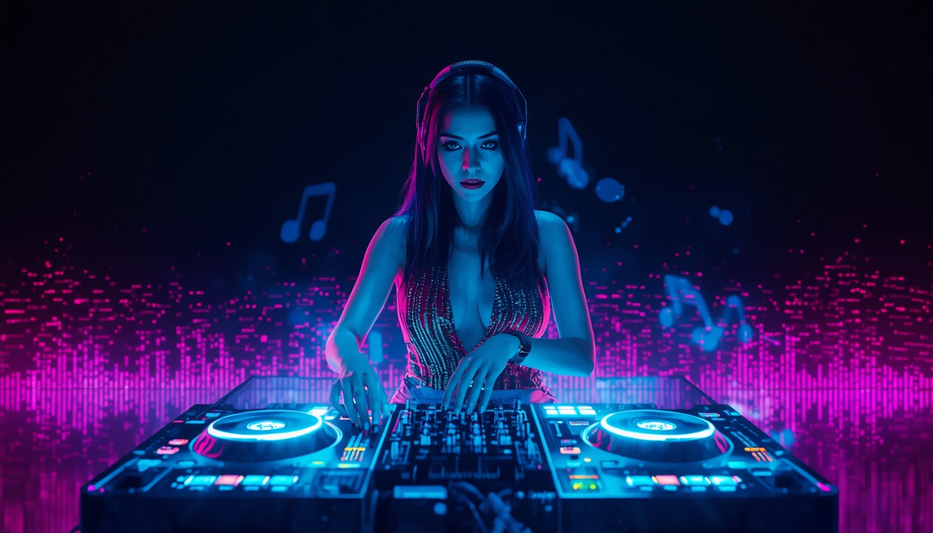 "A striking modern female DJ mixing tracks on a glowing futuristic DJ console with&hellip;