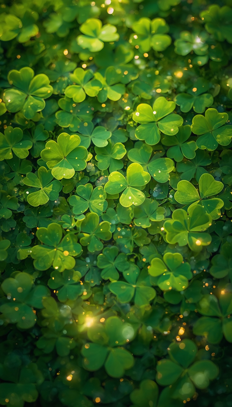 A dreamy fantasy cover background featuring many four-leaf clovers scattered naturally across the scene