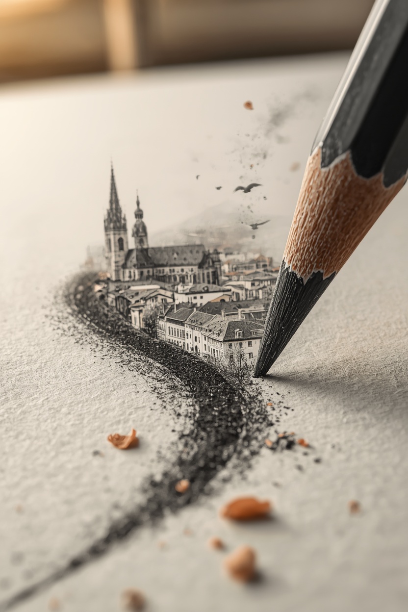 Ultra-realistic macro photograph of a large graphite pencil tip
