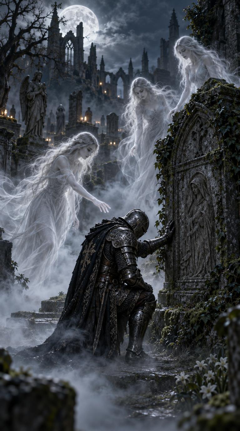 A medieval knight in full dark ornate armor kneeling solemnly before a massive ancient&hellip;