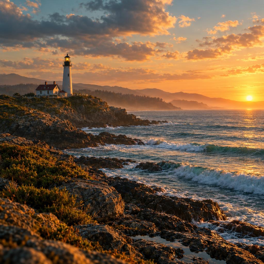 Cinematic wide shot of a lone lighthouse on a rocky coastline at golden hour