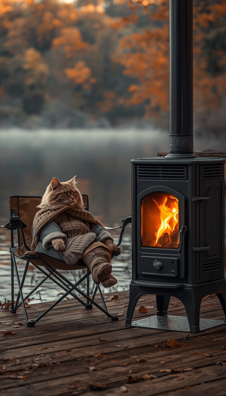A cozy cinematic autumn lakeside scene
