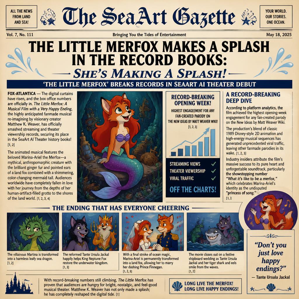 Make a fanmade newspaper 2D Disney-style article with words and pictures-THE LITTLE MERFOX MAKES&hellip;