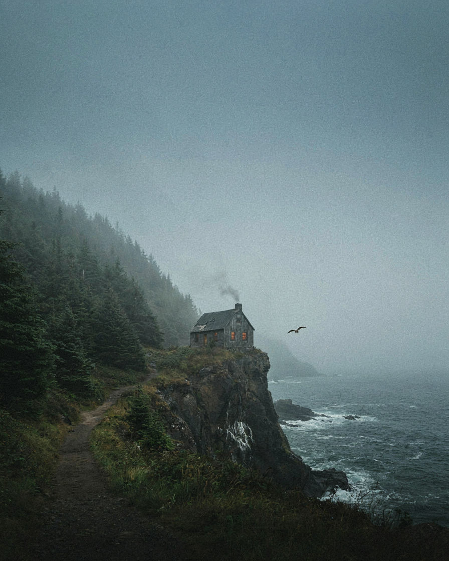 The photo shows a solitary coastal cabin perched on a steep