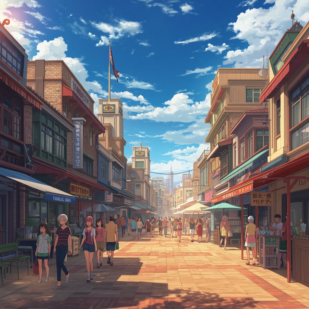 Wide cinematic shot of a vibrant anime marketplace in a neutral border city