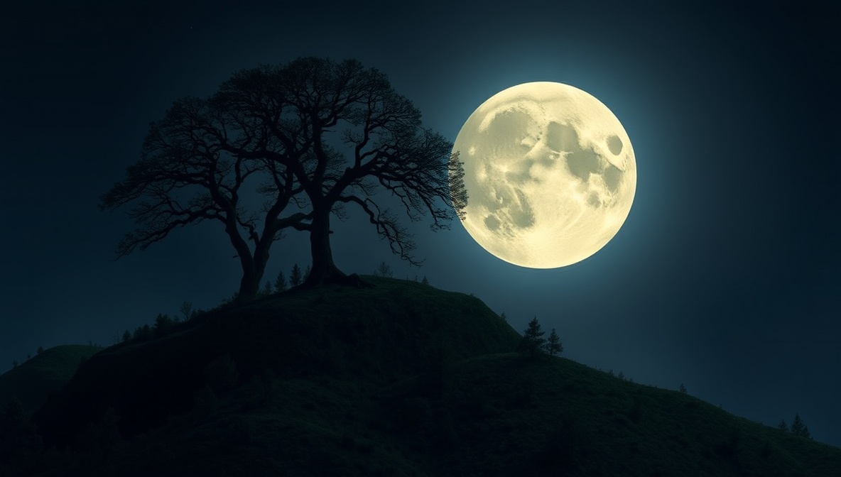 A lonely tree stands at the top of a moon hill 16:9