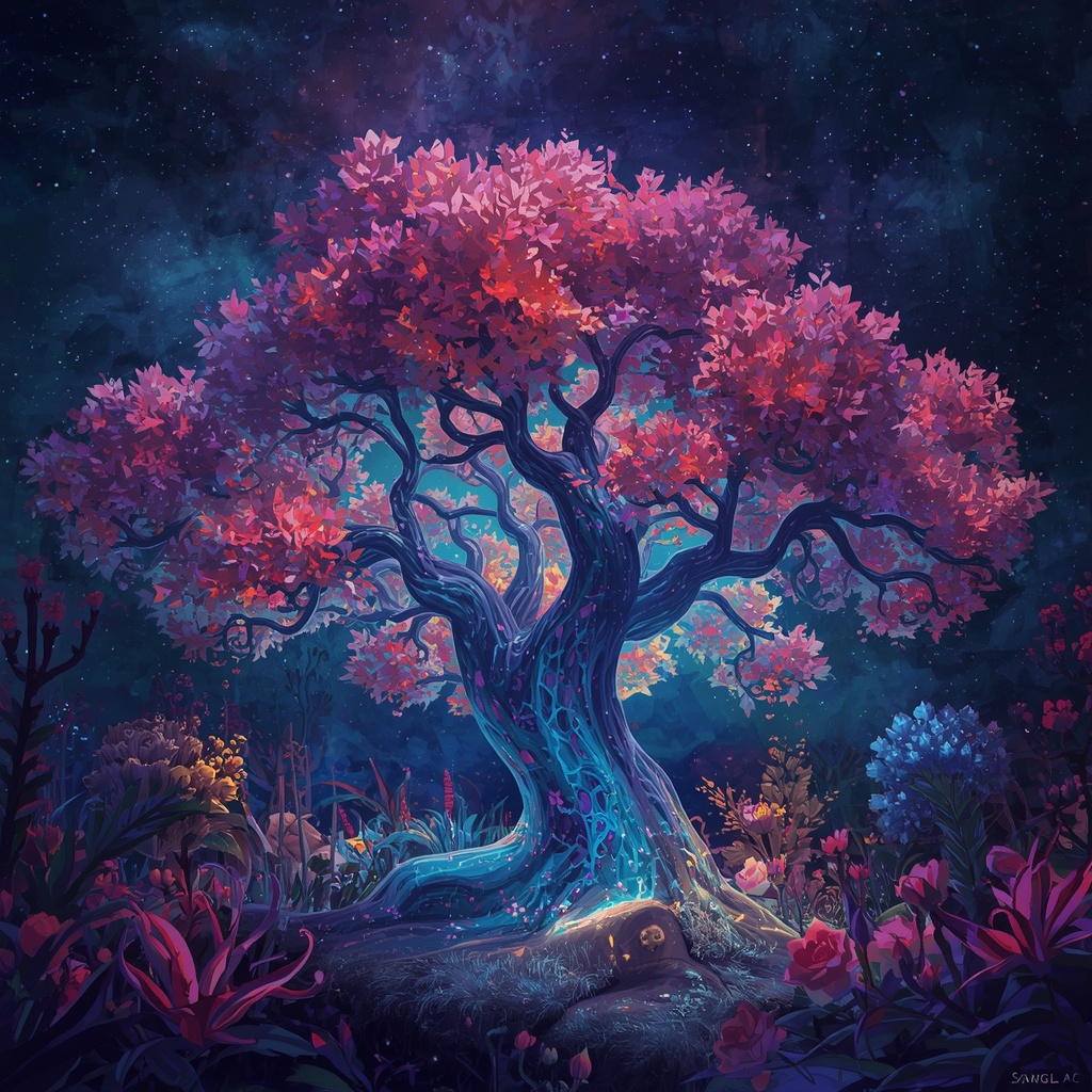 Amidst a starry-eyed opulent digital garden stands an intricately designed luminous tree