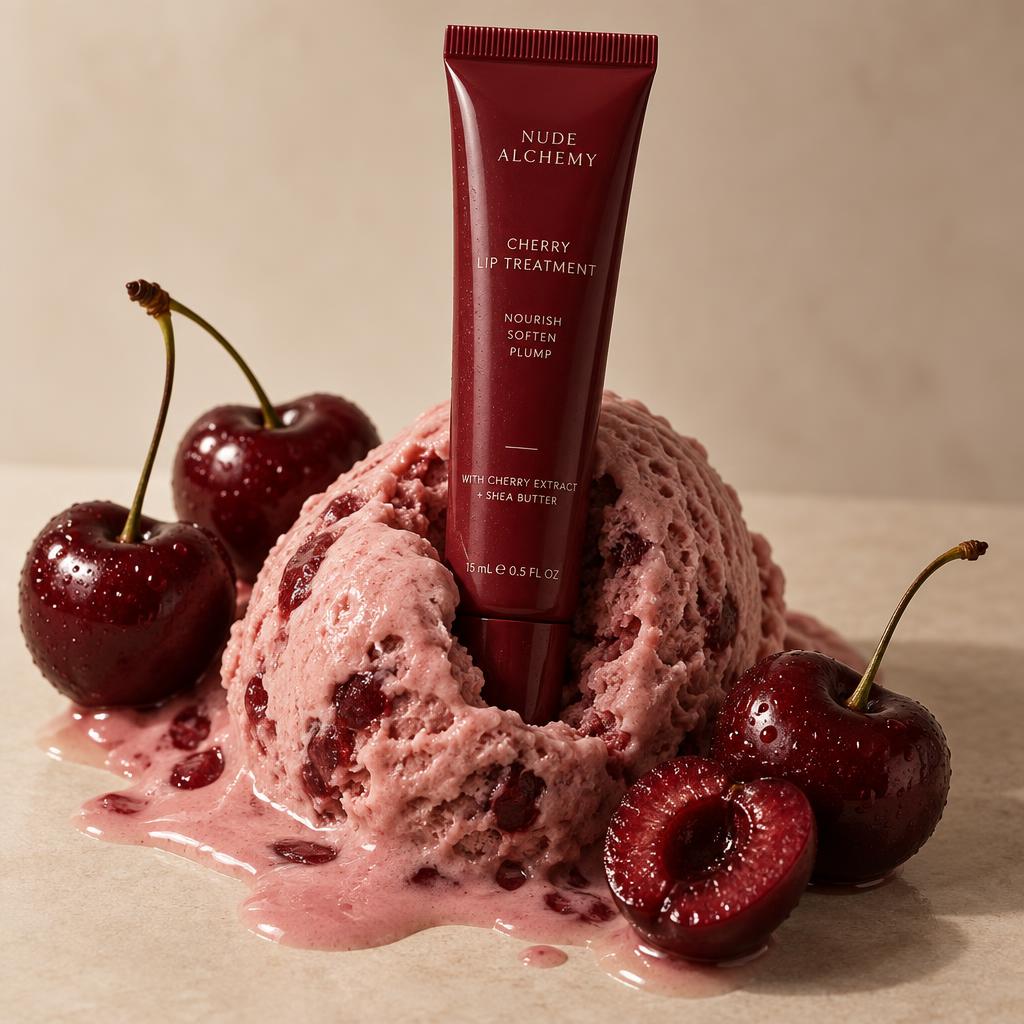 Dark red lip treatment tube standing in a melting scoop of cherry ice cream