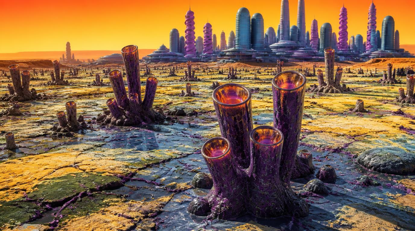 Sci-fi alien daylight planet with natural flatened hills