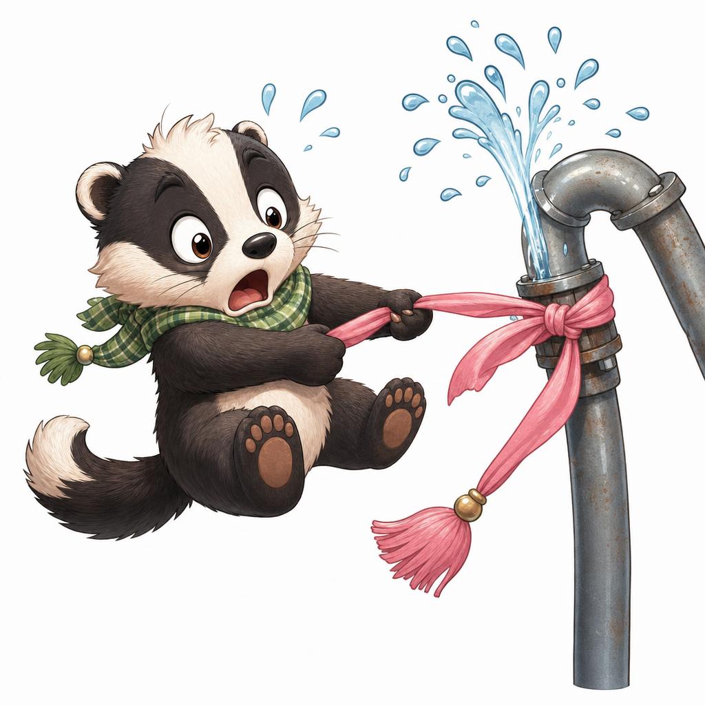 A tasso ties a soft piece of ribbon around a leaking pipe