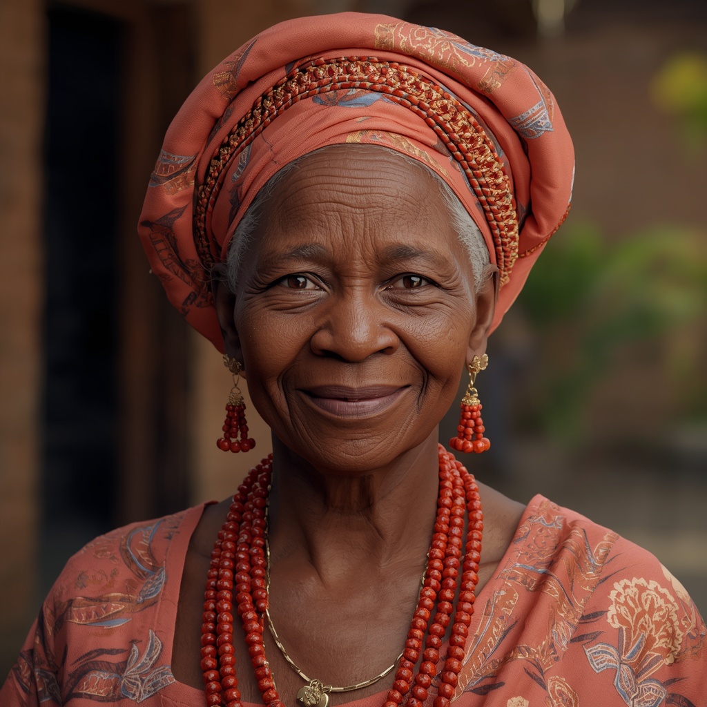 A photorealistic medium close-up portrait of a kindly 75-year-old West African grandmother named Efemena&hellip;