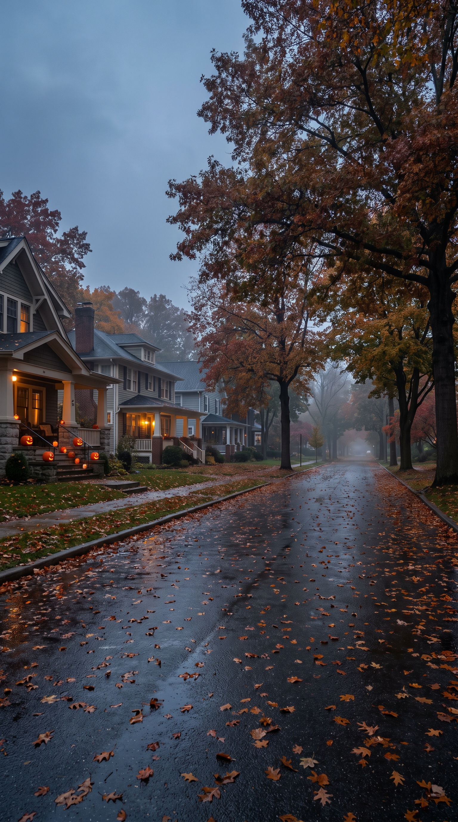 Photorealistic vertical 9:16 quiet American neighbourhood during blue hour in late October