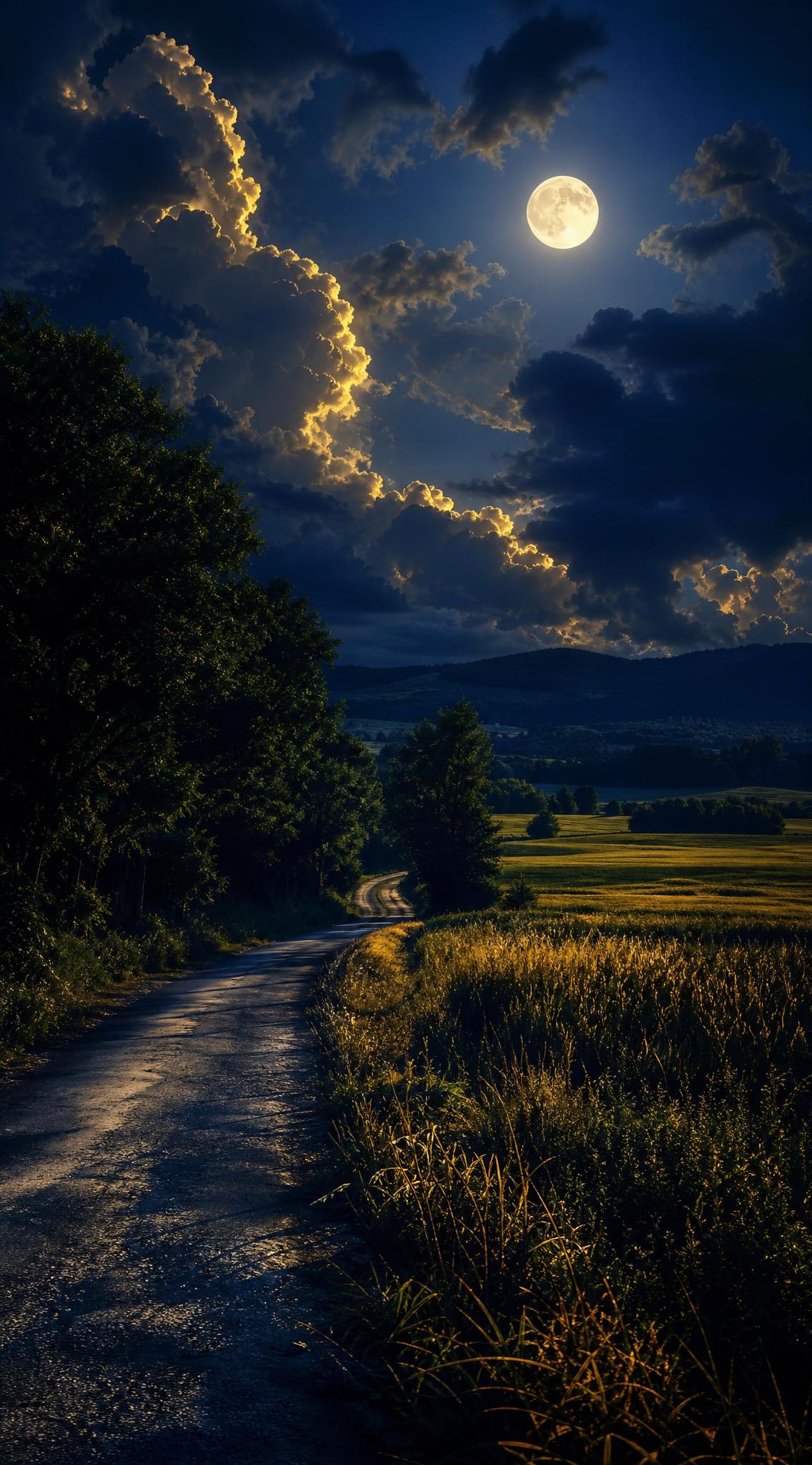 Dreamy cinematic midnight anime countryside