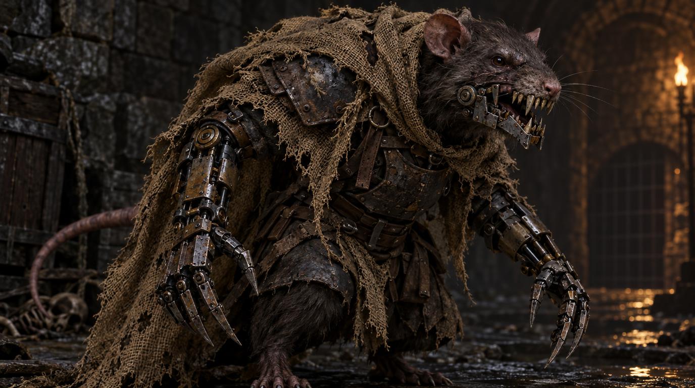 Dungeon rat with a mechanical jaw and mechanical arms