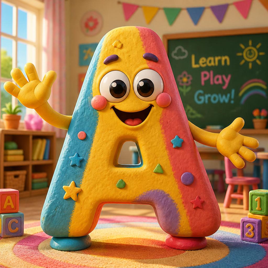 A vibrant 3D Disney-Pixar style character of a giant colorful letter 'A'