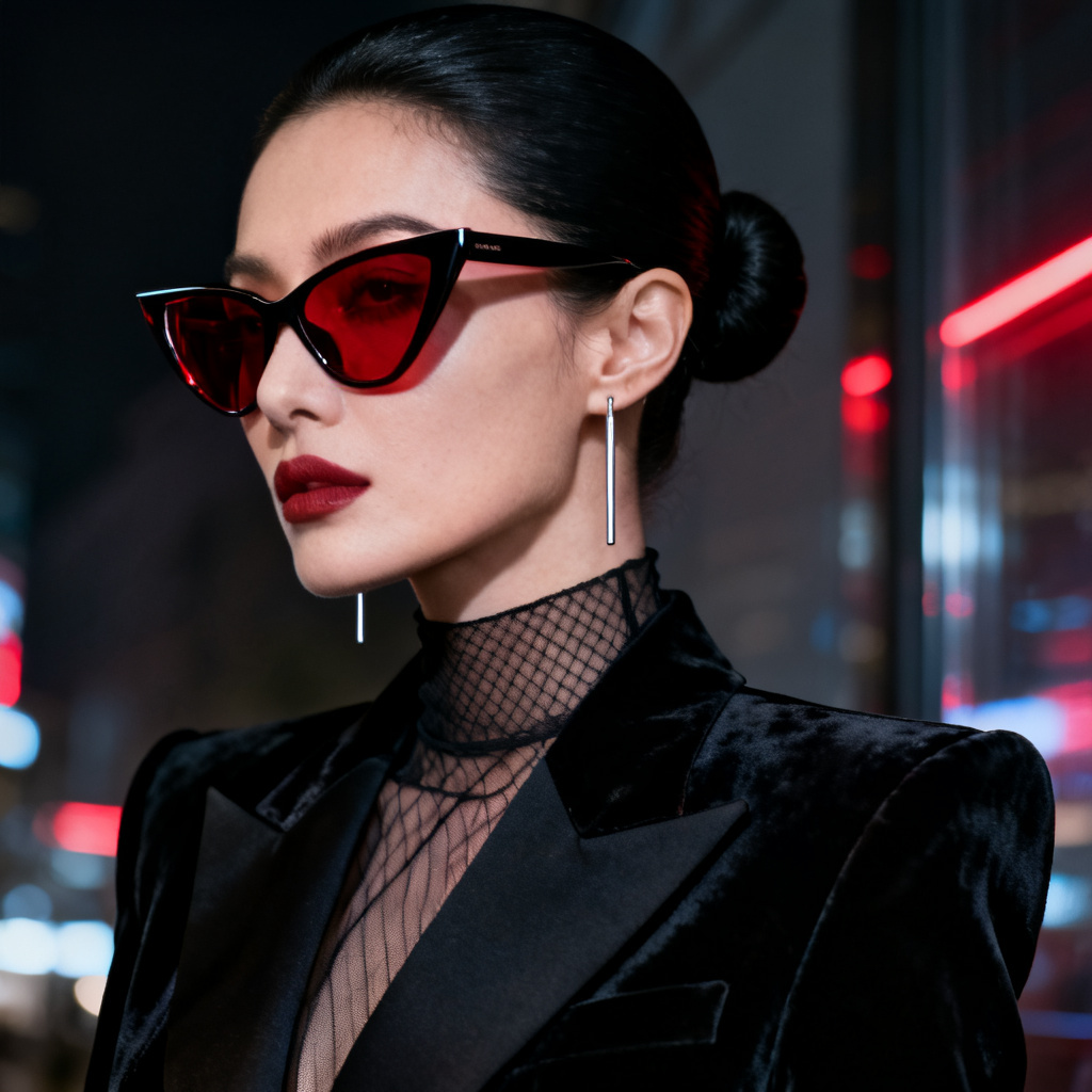 A high-fashion editorial portrait of a woman with an avant-garde