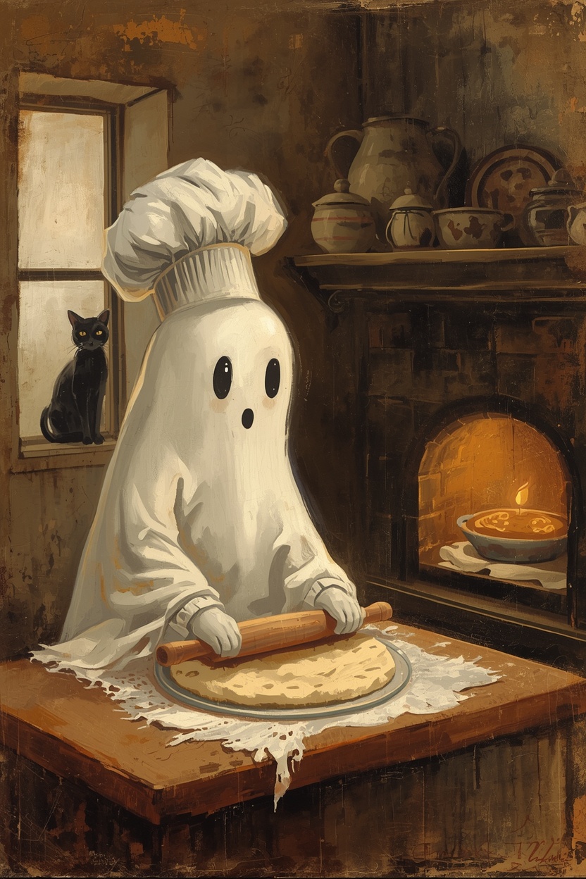 A cute sheet ghost wearing a small chef hat in a cozy rustic kitchen