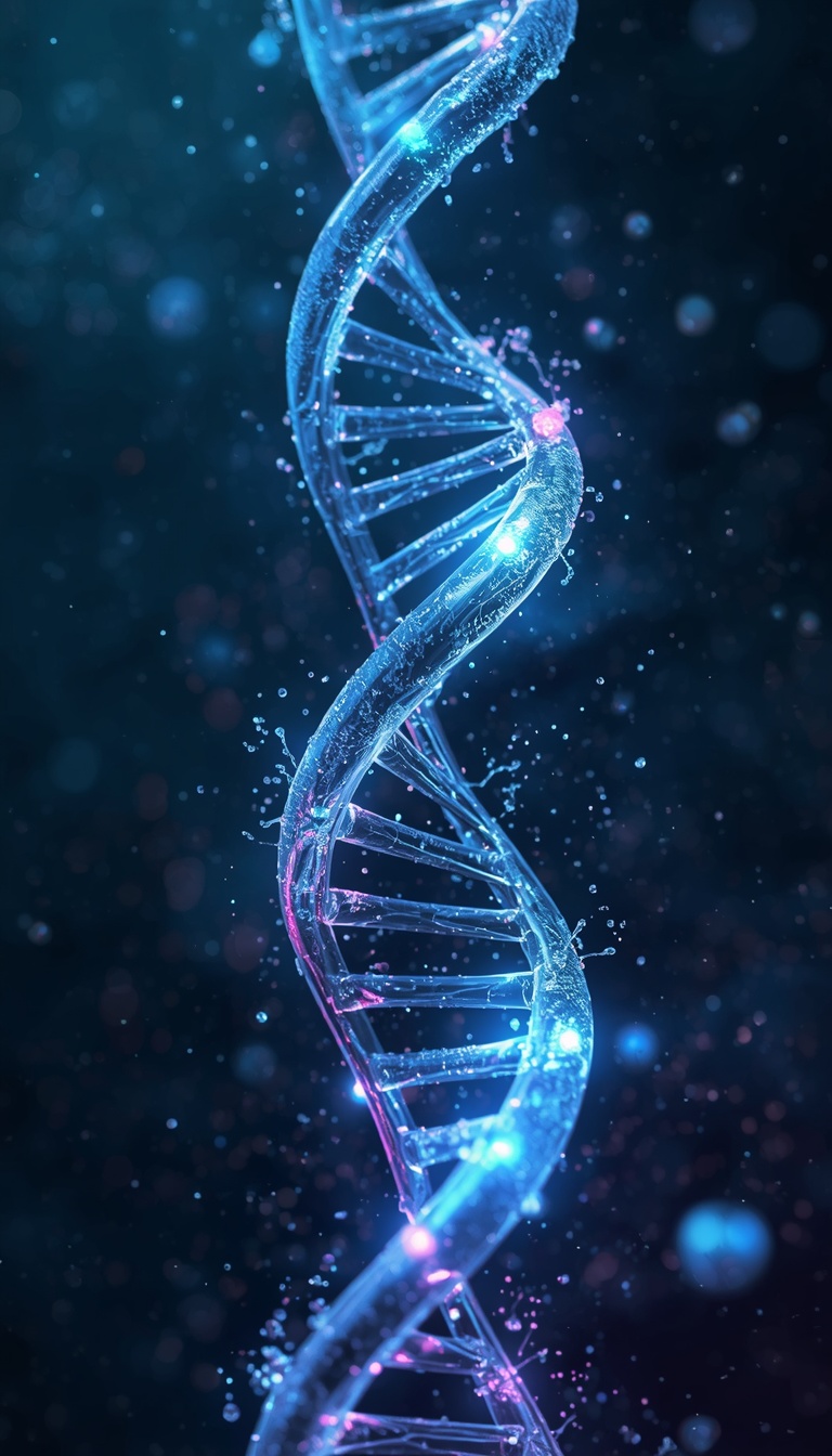 Microscopic close-up of a luminous DNA double helix suspended in a futuristic biological environment