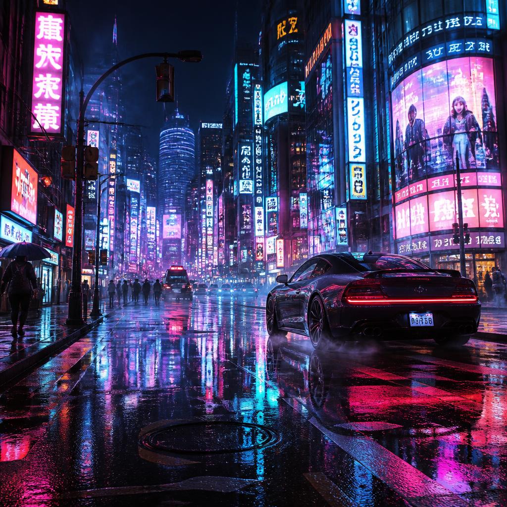 A hyper-realistic futuristic cyberpunk city street glowing with neon magenta and cyan lights