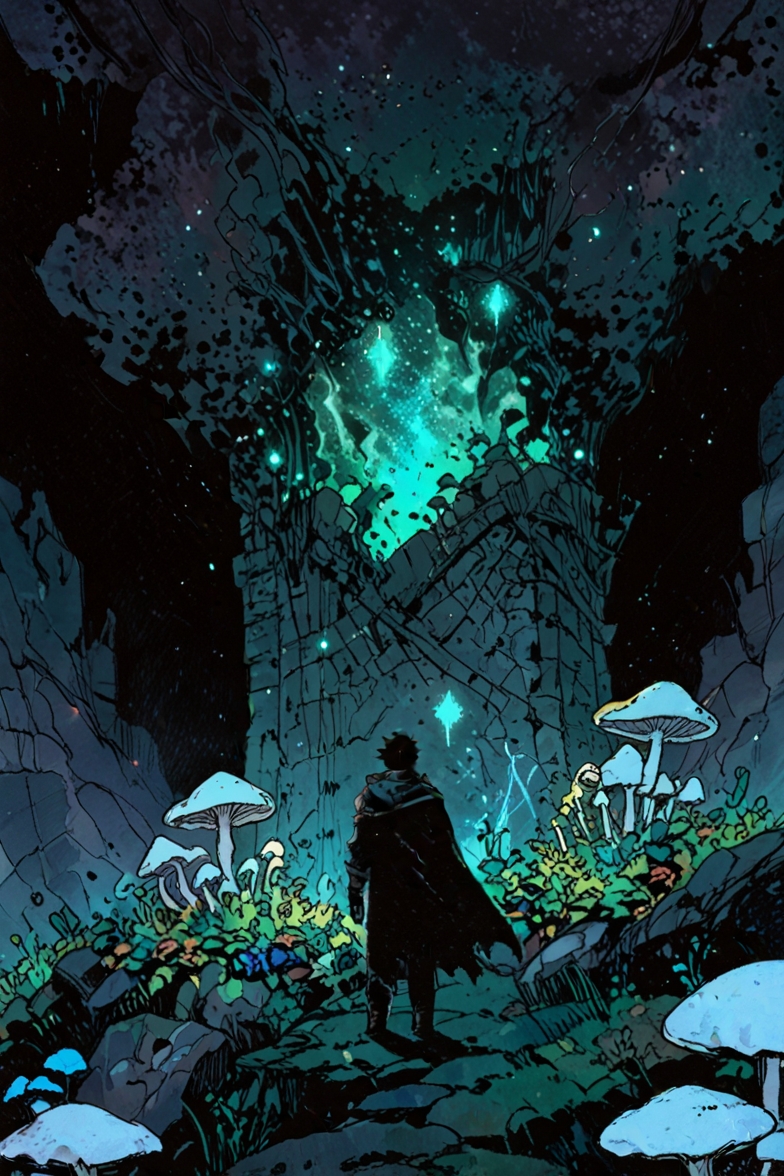 An ancient stone vault lit entirely by thousands of bioluminescent mushrooms growing along obsidian&hellip;